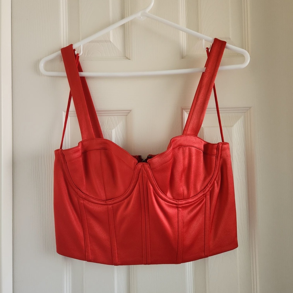 Alice + Olivia Jeanna Bustier Cropped Top Bright Poppy Red Satin Corset 8 NWT